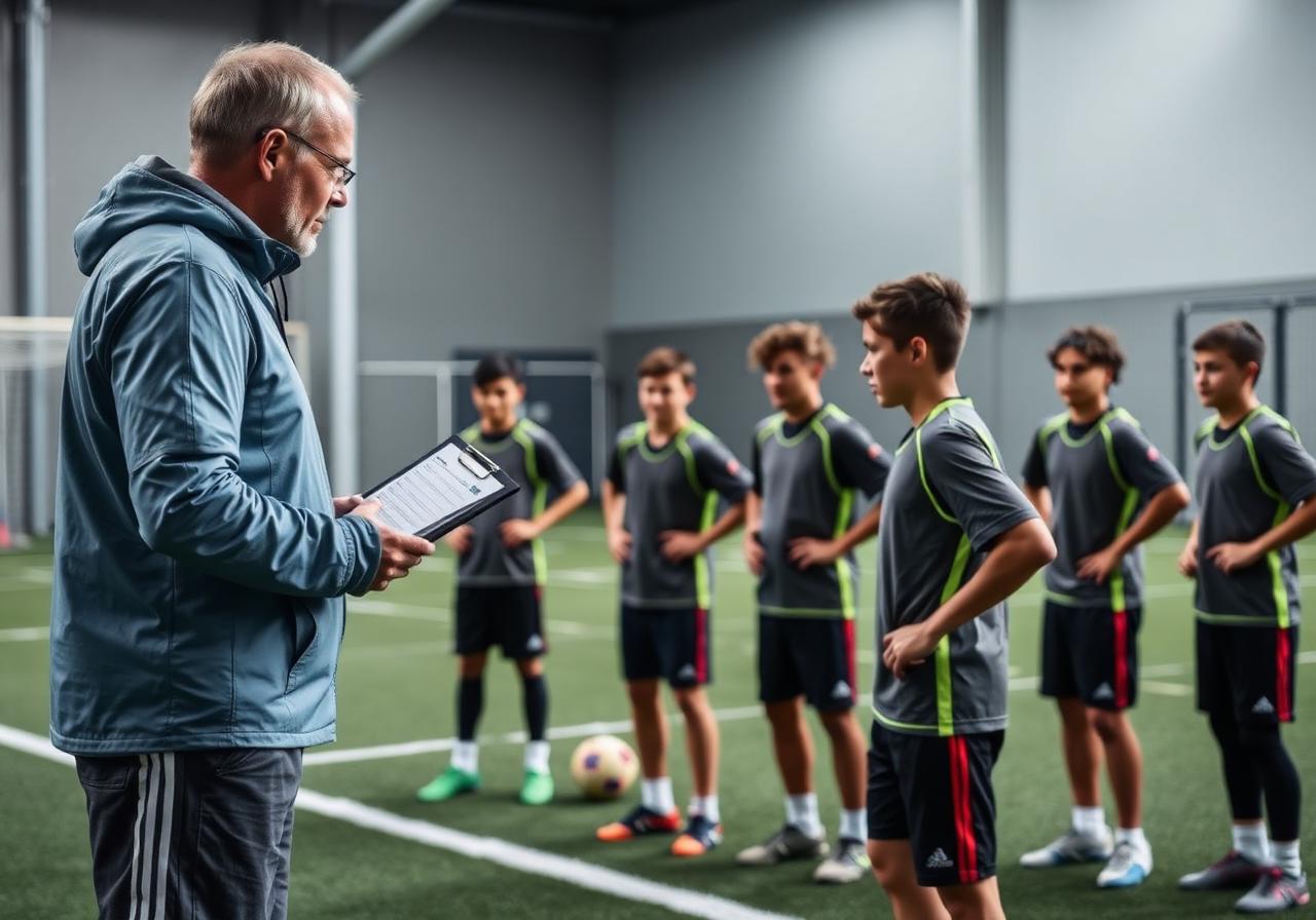 Treino profissional com técnico observando jovens atletas