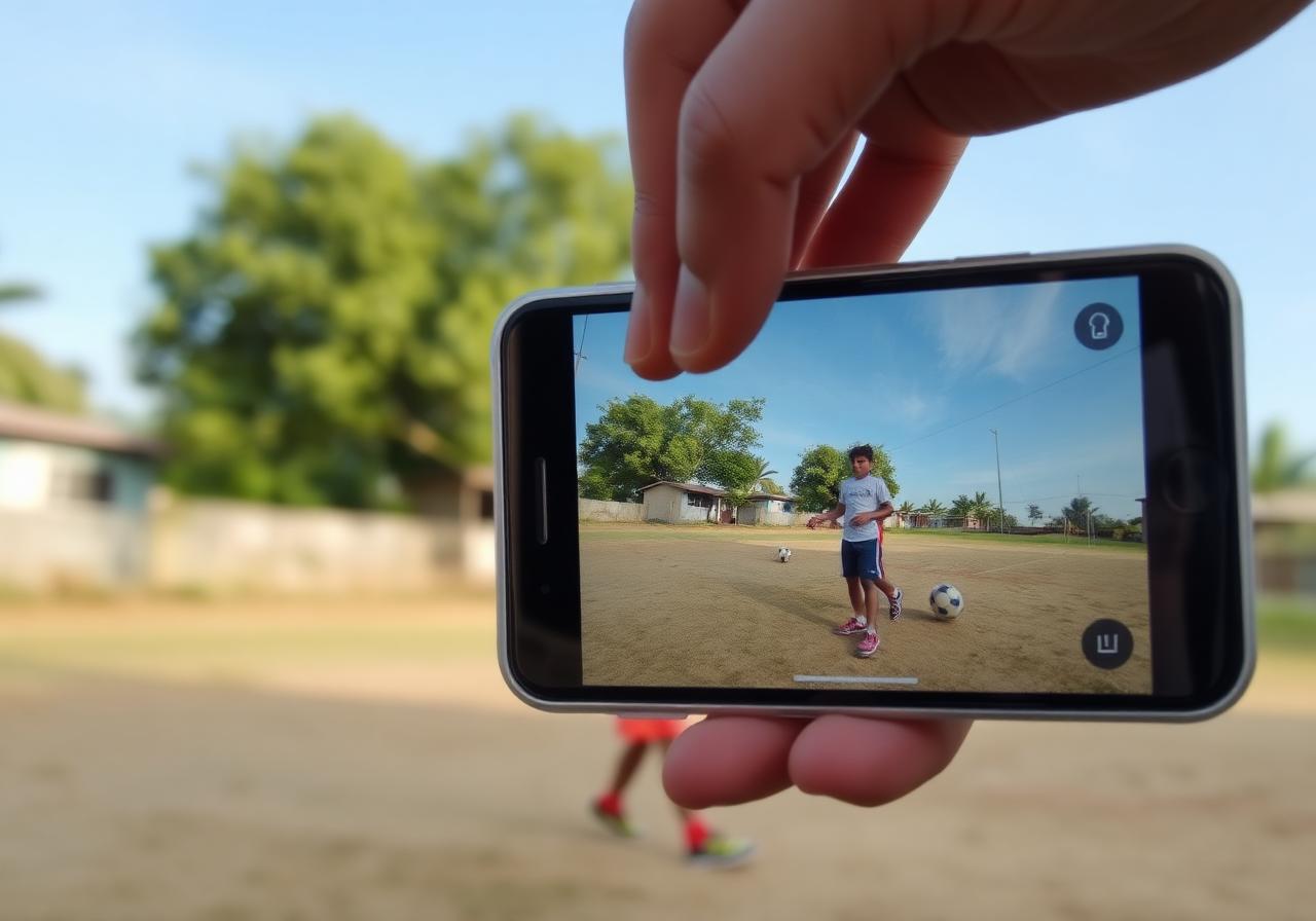 Jovem gravando vídeo de treino com celular